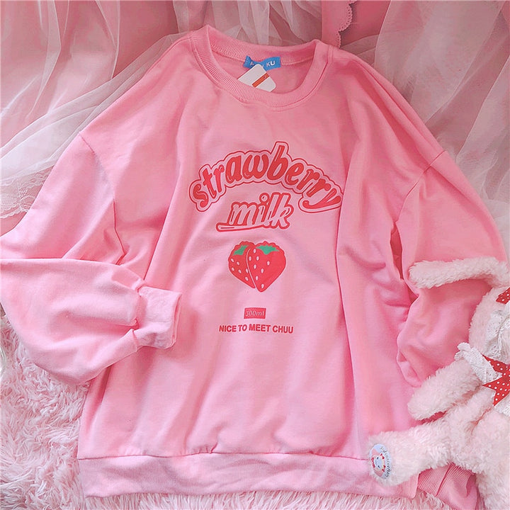 Harajuku Kawaii Pink Strawberry Sweatshirt - Juneptune