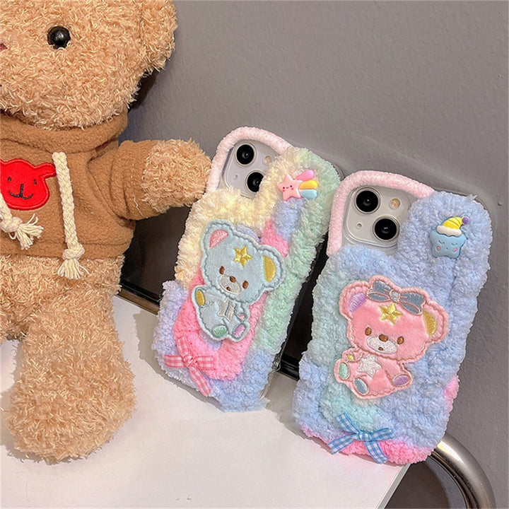Korean Cute Fuzzy Cotton Candy Bear iPhone Case - Juneptune