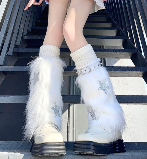 Y2K White Fur Leg Warmers - Juneptune