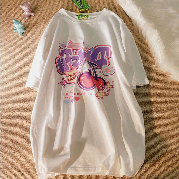 Kawaii Cherry Print T-Shirt - Juneptune