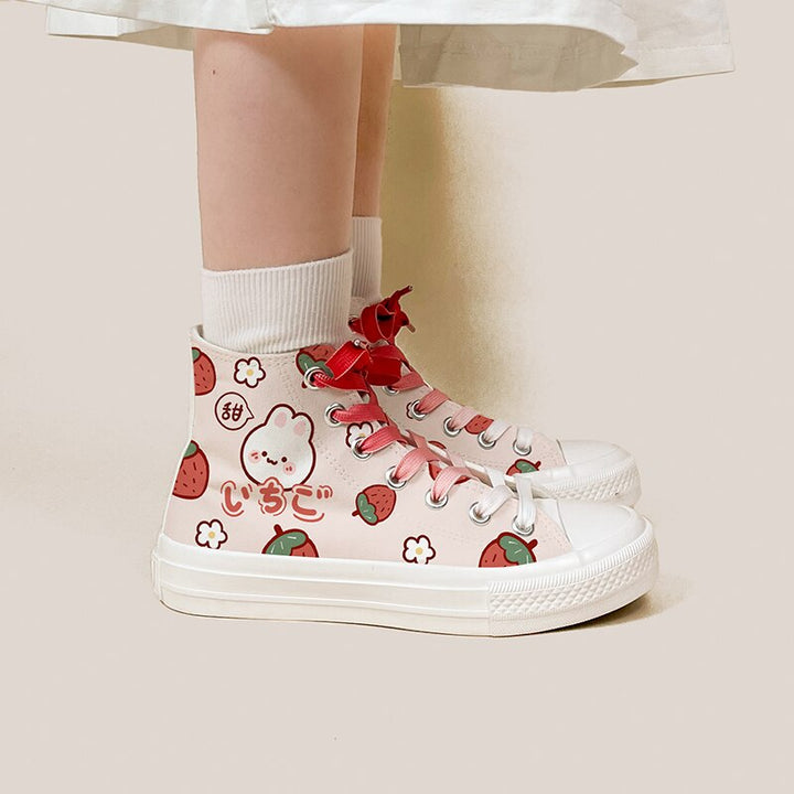 Kawaii Pink Strawberry Spring High Top Shoes - Juneptune