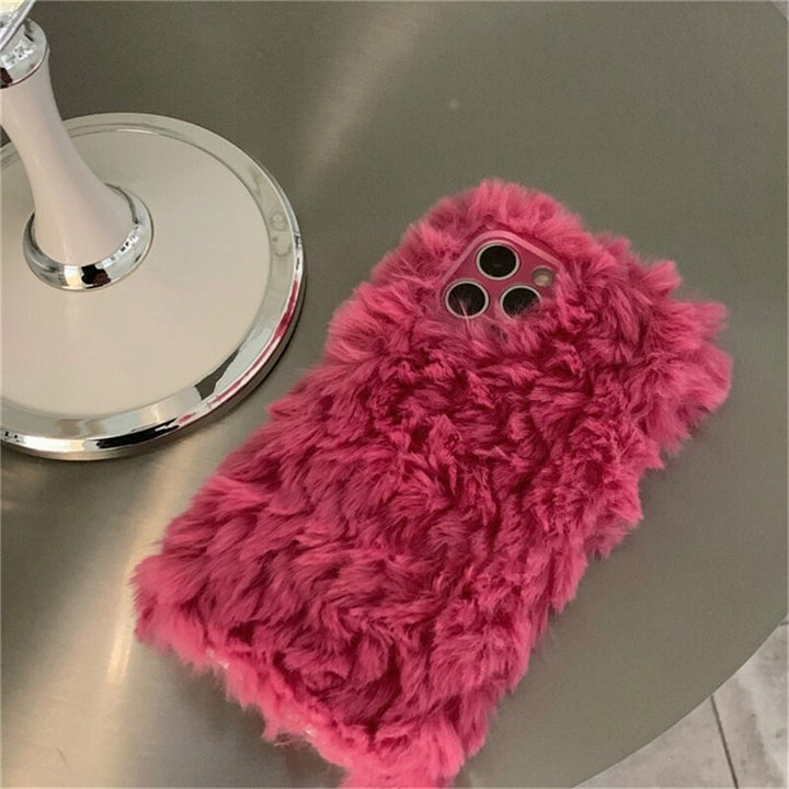 Korean Cute Fuzzy Plush Pink iPhone Case - Juneptune
