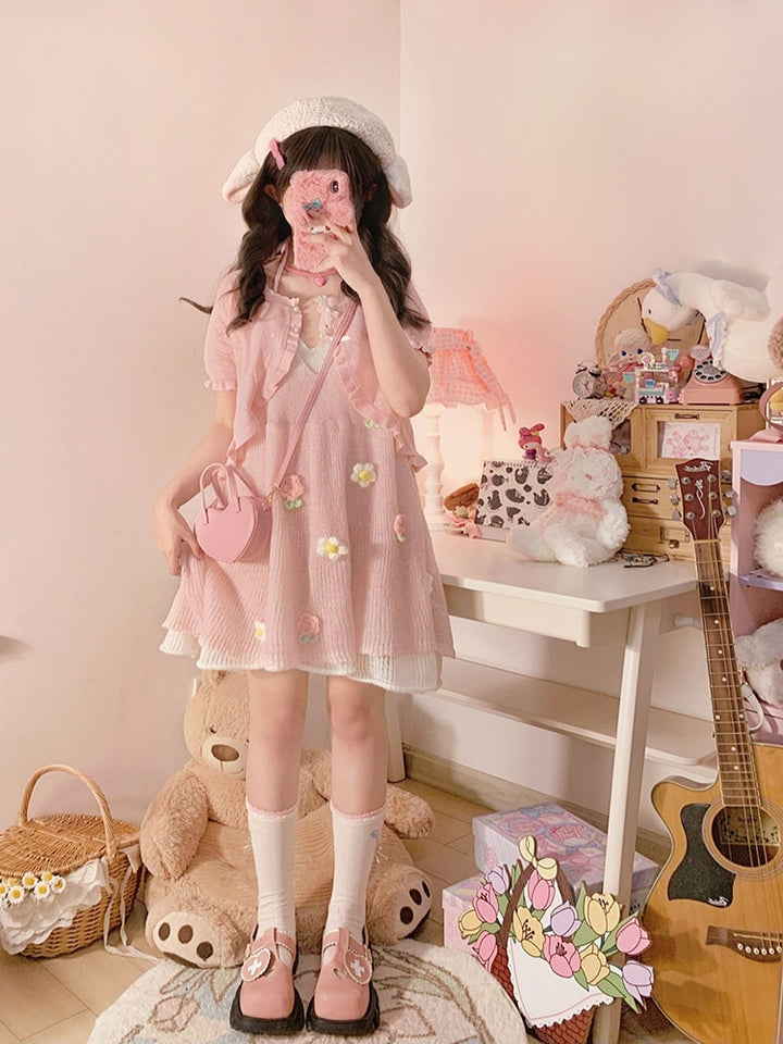 Kawaii Knitted Flower Pink Dress With Cardigan - Juneptune