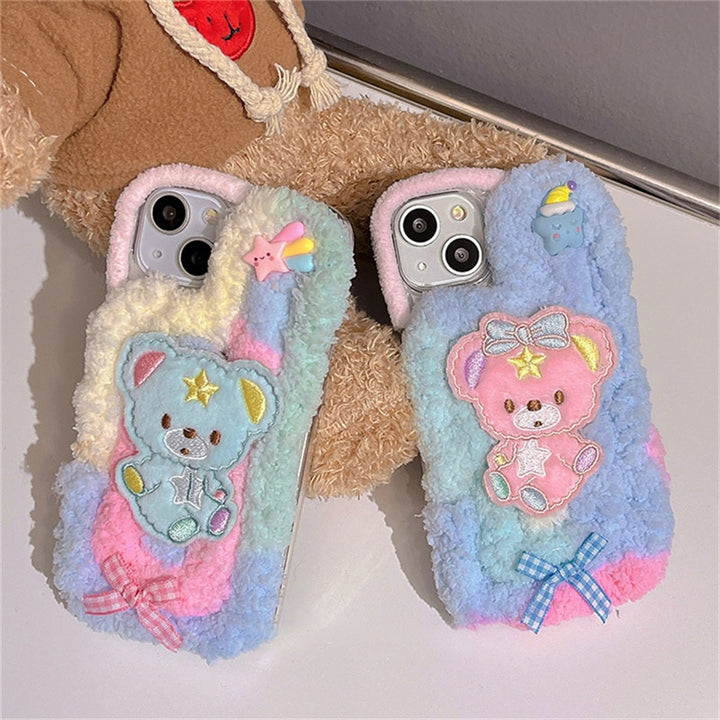 Korean Cute Fuzzy Cotton Candy Bear iPhone Case - Juneptune