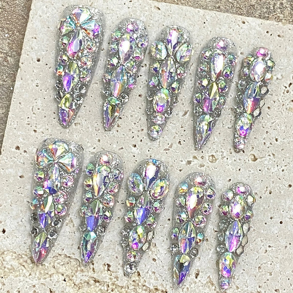 Silver Rhinestone Glitter Nails Set