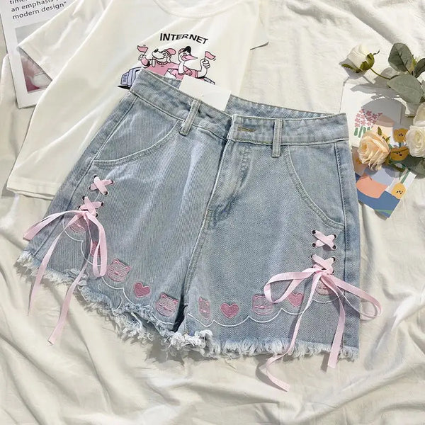 Sweetheart Ribbon Denim Shorts