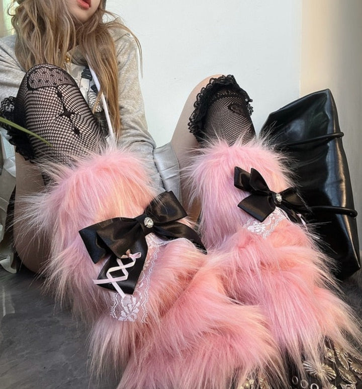 Y2K Lolita Pink Fur Leg Warmers - Juneptune