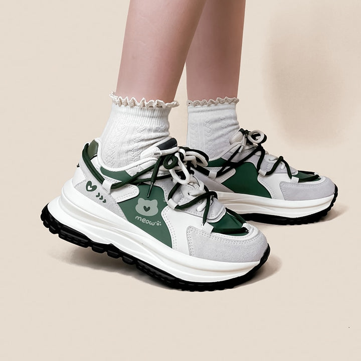 Kawaii Green Cat Chunky Sneakers - Juneptune