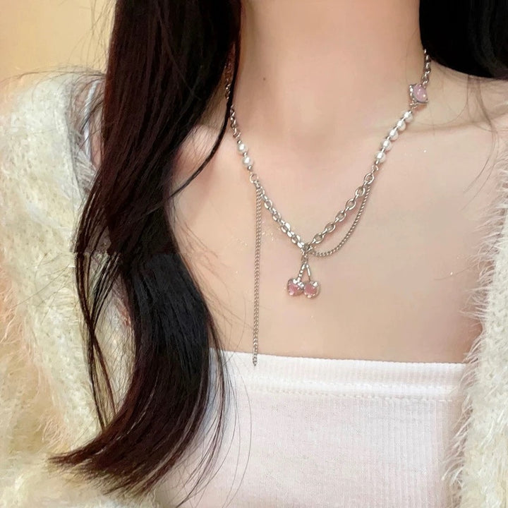 Cute Cupid Bow Choker Necklace with Crystal Heart and Pearl Beads - Juneptune