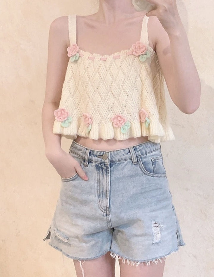 Kawaii Lolita Knitted Flower Tank Top - Juneptune