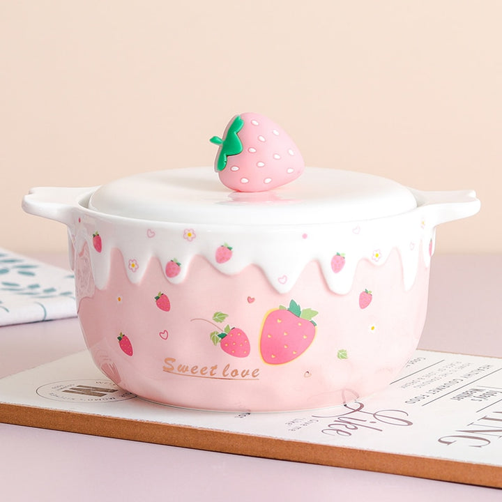 Kawaii Strawberry Ramen Bowl With Lid - Juneptune