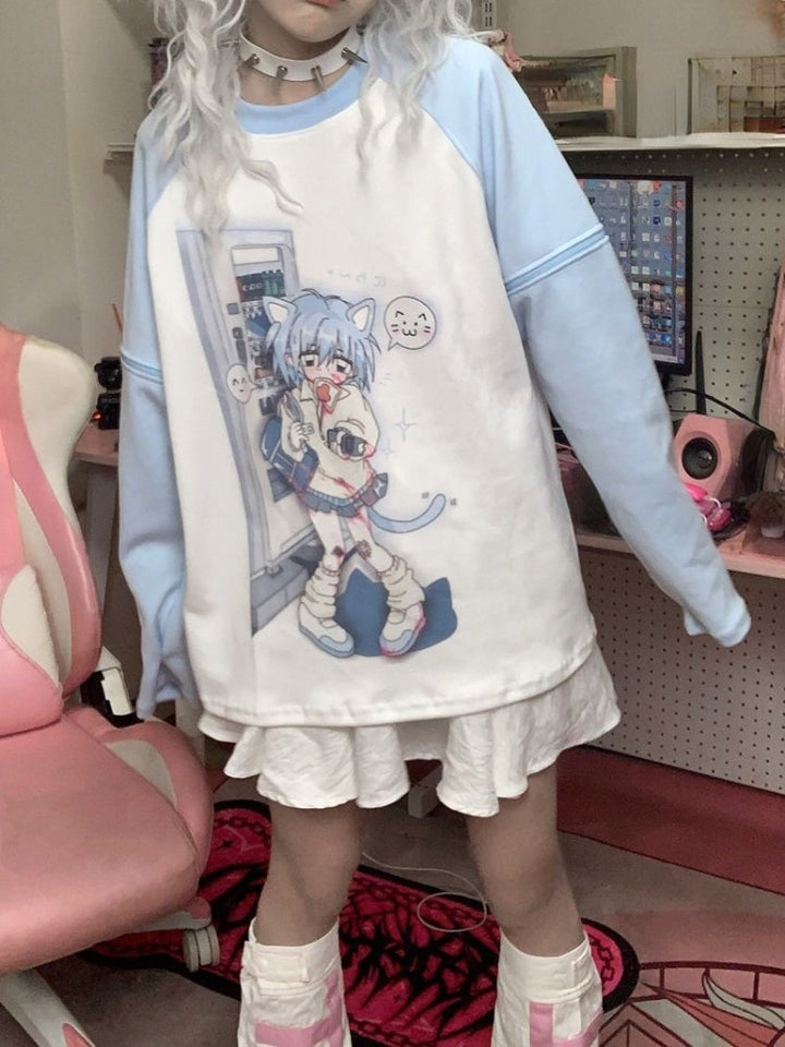 Kawaii Anime Detachable Sleeve Blue T-Shirt - Juneptune