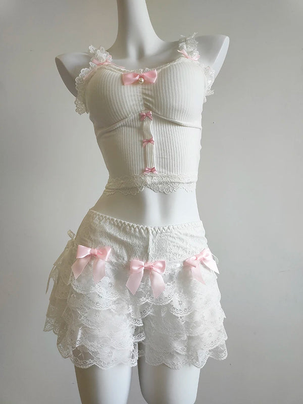 Coquette Ribbon Lace Top & Shorts Set