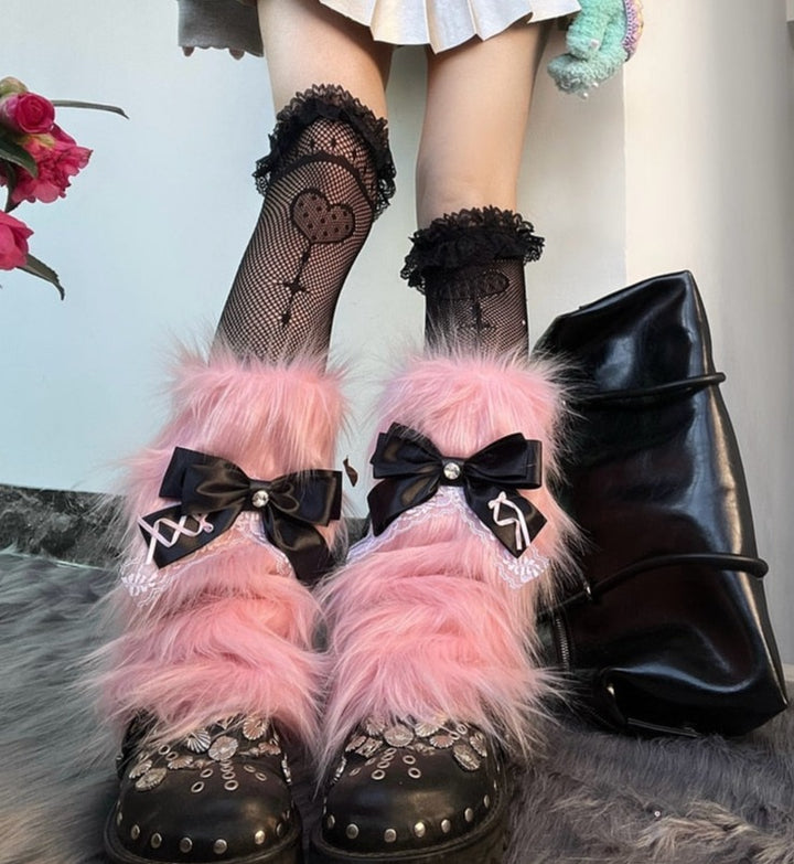 Y2K Lolita Pink Fur Leg Warmers - Juneptune