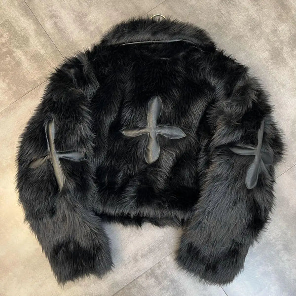 Cross-Stitched Faux Fur Jacket