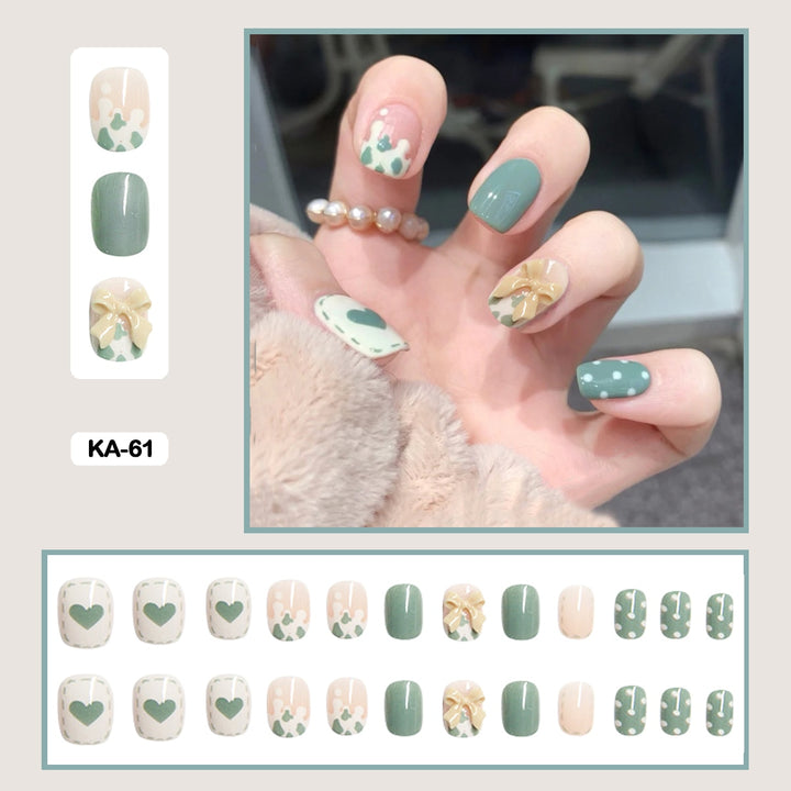 24pcs/Box Press On False Nails - Aesthetic Heart Bow Nails - Juneptune