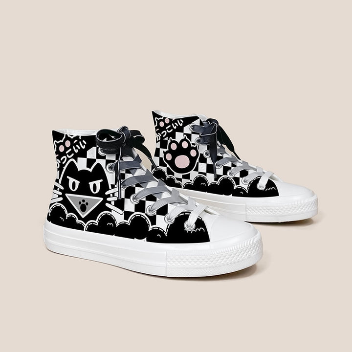 Streetwear Plaid Black Cat High Top Shoes - Juneptune