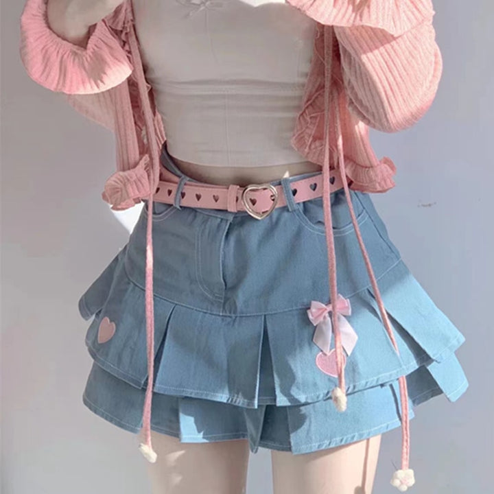Sweet Lolita Bow Denim Skirt With Belt - Juneptune