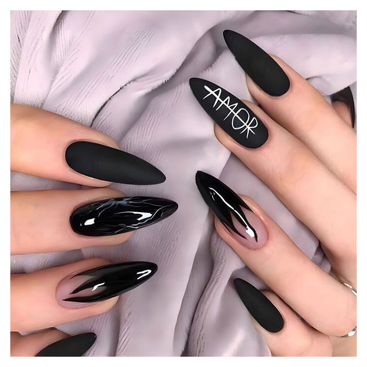 24Pcs/Box Press-On Aesthetic Gothic Black False Nails - Juneptune