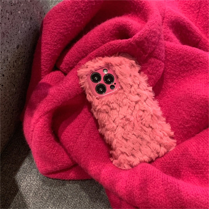 Korean Cute Fuzzy Plush Pink iPhone Case - Juneptune