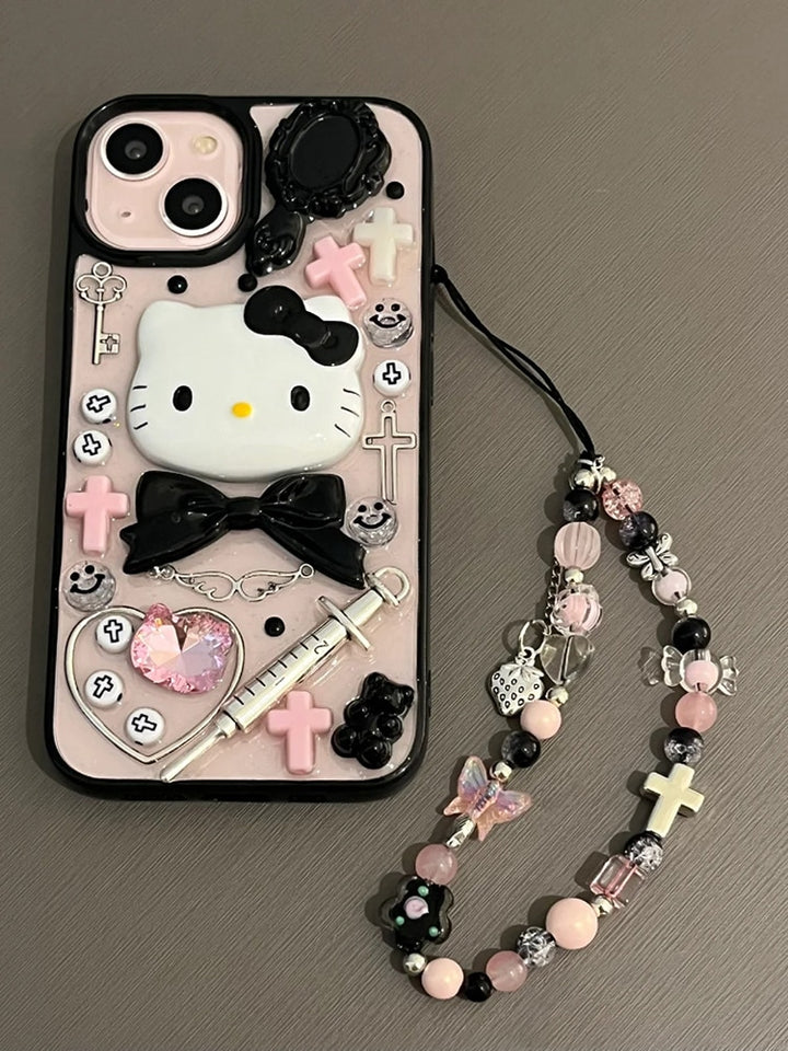 Gothic Sanrio Hello Kitty Clear iPhone Case With Bracelet - Juneptune