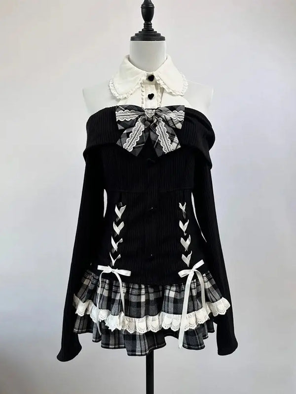 Gothic Academia Plaid Ribbon Outfit Set