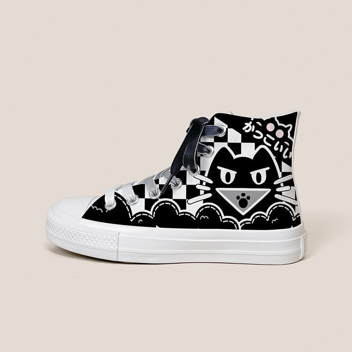 Streetwear Plaid Black Cat High Top Shoes - Juneptune