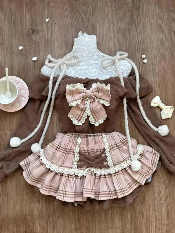 Vintage Lolita Plaid Brown & Pink Outfit Set