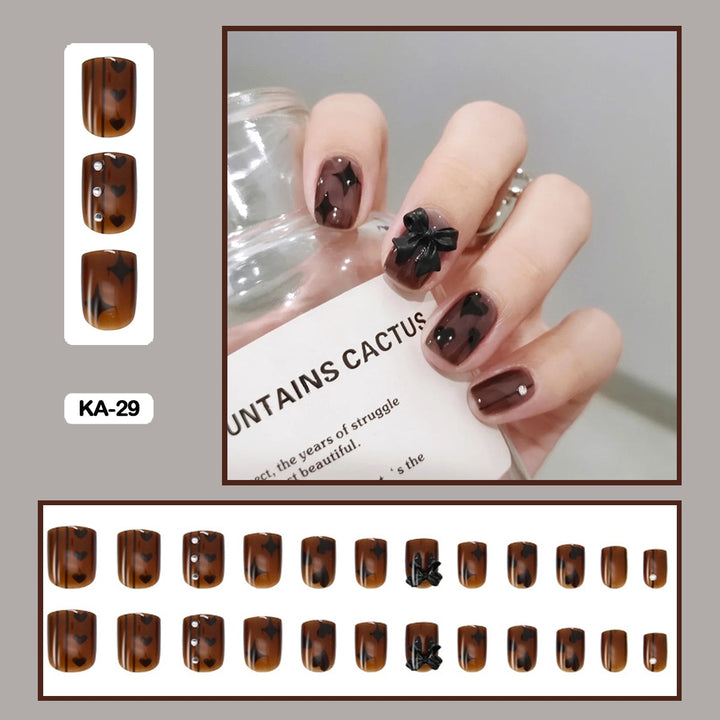 24pcs/Box Press On False Nails - Aesthetic Heart Bow Nails - Juneptune