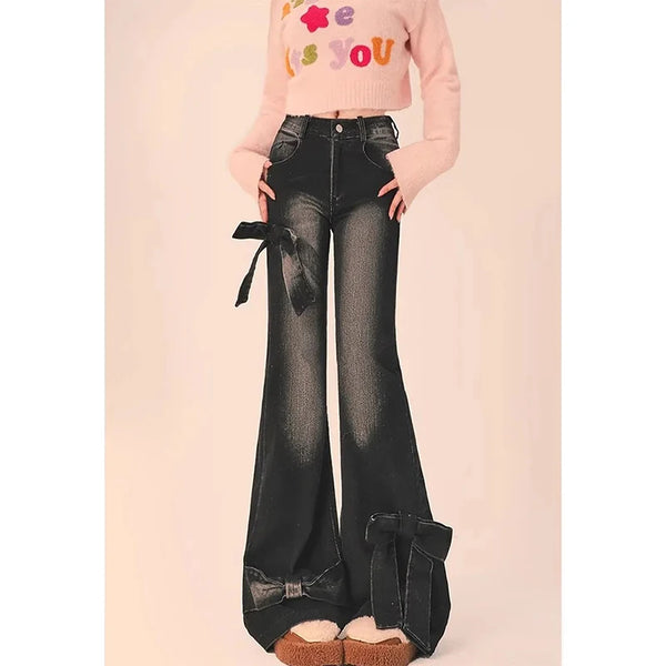 Gothic Flare Jeans With Bow