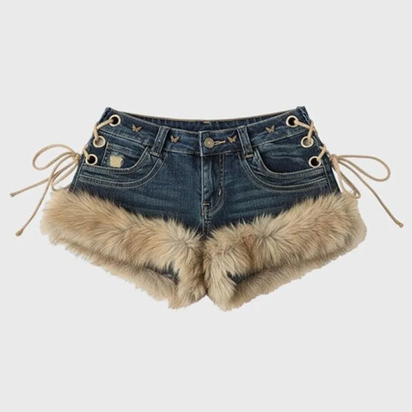 Frostbite Y2K Fur-Trim Denim Shorts