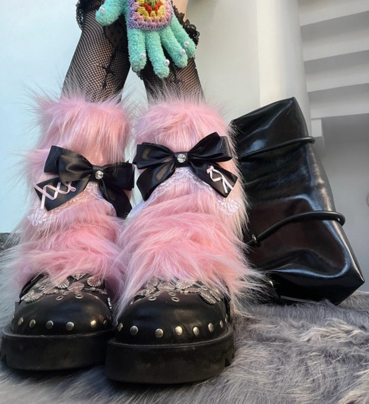 Y2K Lolita Pink Fur Leg Warmers - Juneptune