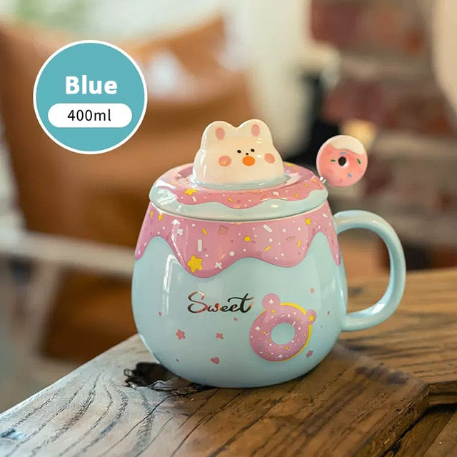 Cute Donut Ceramic Mug With Lid - Juneptune