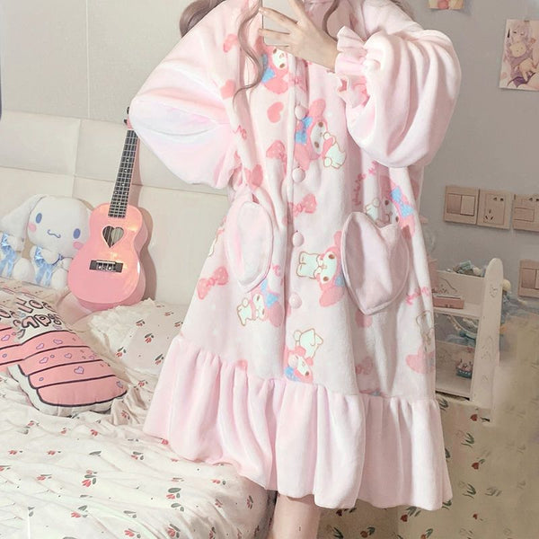 Kawaii Sanrio My Melody Two Piece Pink Fluffy Nightgown - Juneptune