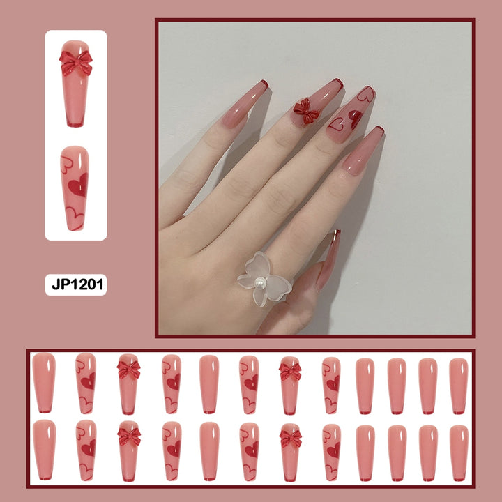 24pcs/Box Press On False Nails - Aesthetic Heart Bow Nails - Juneptune