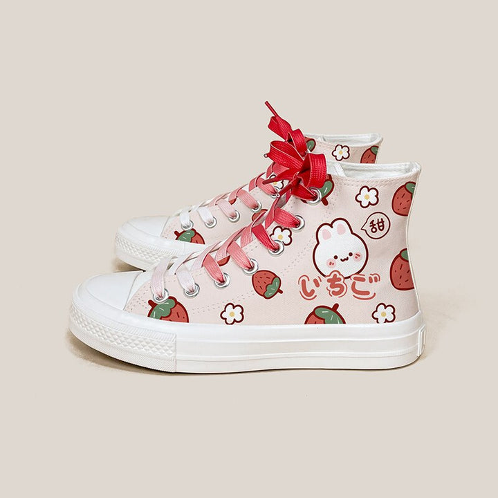 Kawaii Pink Strawberry Spring High Top Shoes - Juneptune