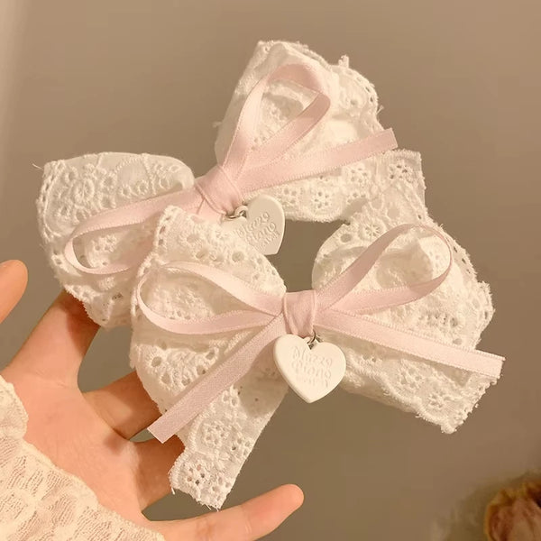 Sweet Lace Heart Bow Hair Clips