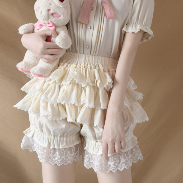 Victorian Lolita Ruffle Beige Shorts - Juneptune