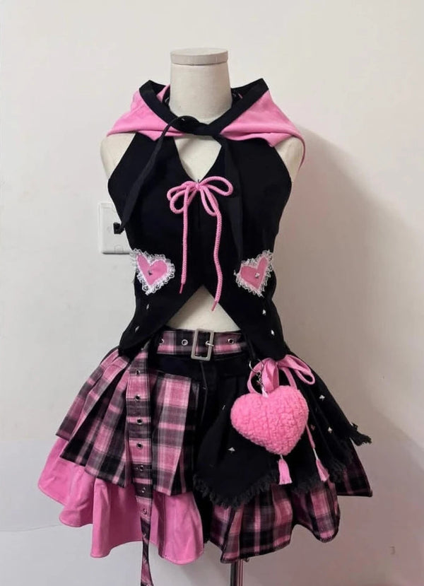 Candy Punk Plaid Heart Outfit Set