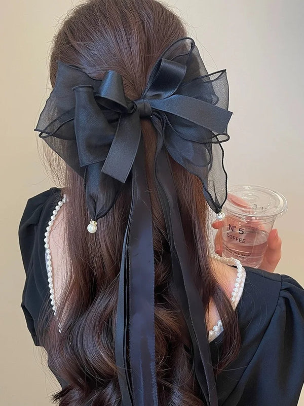 Coquette Pearly Ribbon Bow Hair Clip