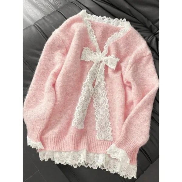 Lace Bow Cozy Knit Pullover