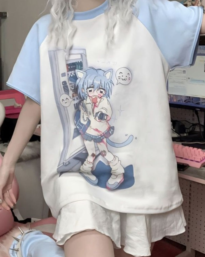 Kawaii Anime Detachable Sleeve Blue T-Shirt - Juneptune