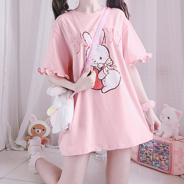 Kawaii Lolita Strawberry Bunny Pink T-Shirt - Juneptune