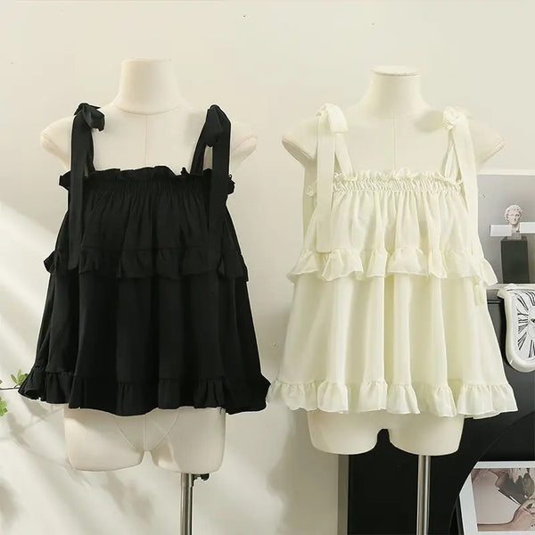 Ruffle Ribbon Strap Babydoll Top