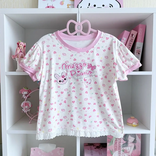 Sweet Pastel Bunny Print Lace-Trim Tee