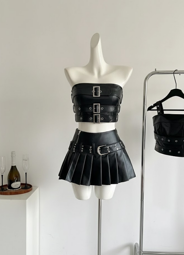 Midnight Straps Baddie Leather Outfit Set