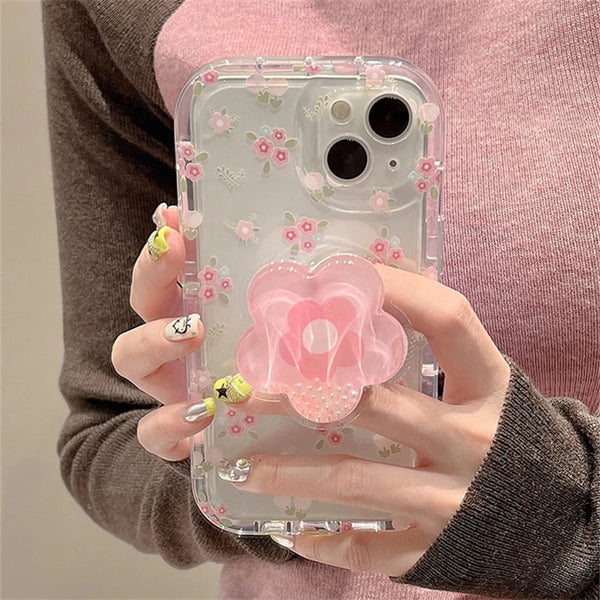 Crystal Clear Floral Case with Pink Grip