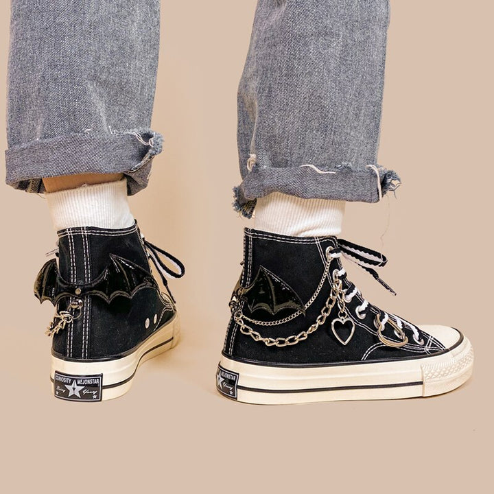 Gothic Black Bat Chain High Top Shoes - Juneptune