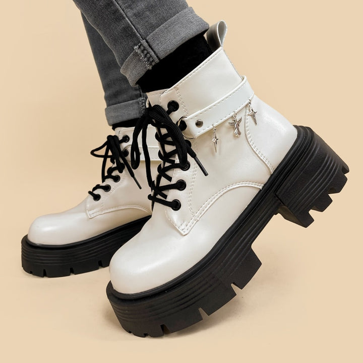 Gothic White Mid Calf Boots - Juneptune