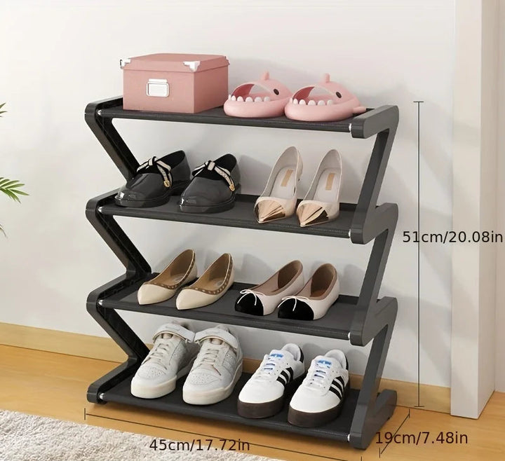 Black shoe rack with shoes on a wooden floor, showing dimensions.
